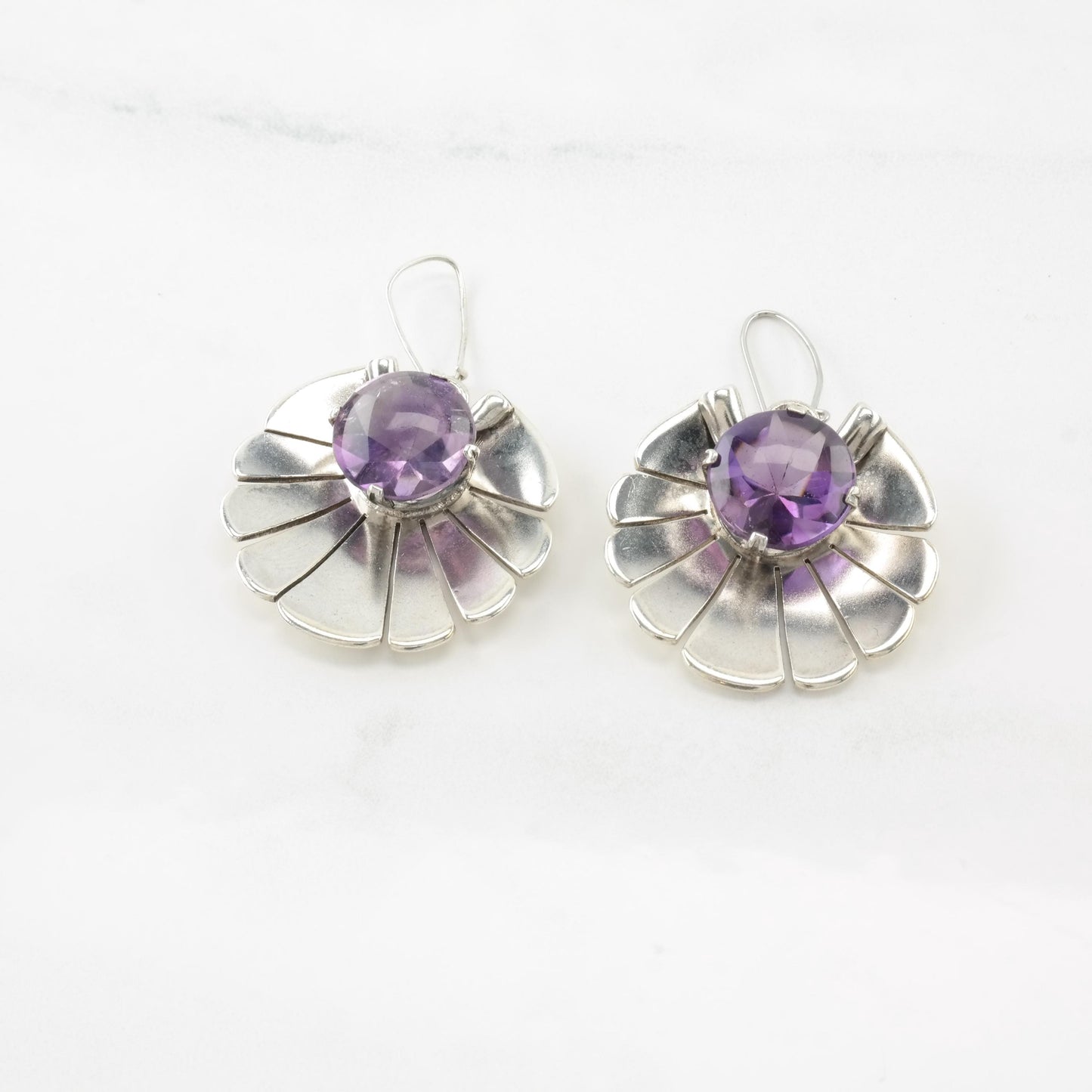 Vintage Amethyst Shell Sterling Silver Kidney Wire Earrings