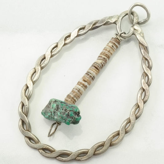 Vintage Native American Turquoise, Heishi Dangling Tomahawk Sterling Silver Pendant