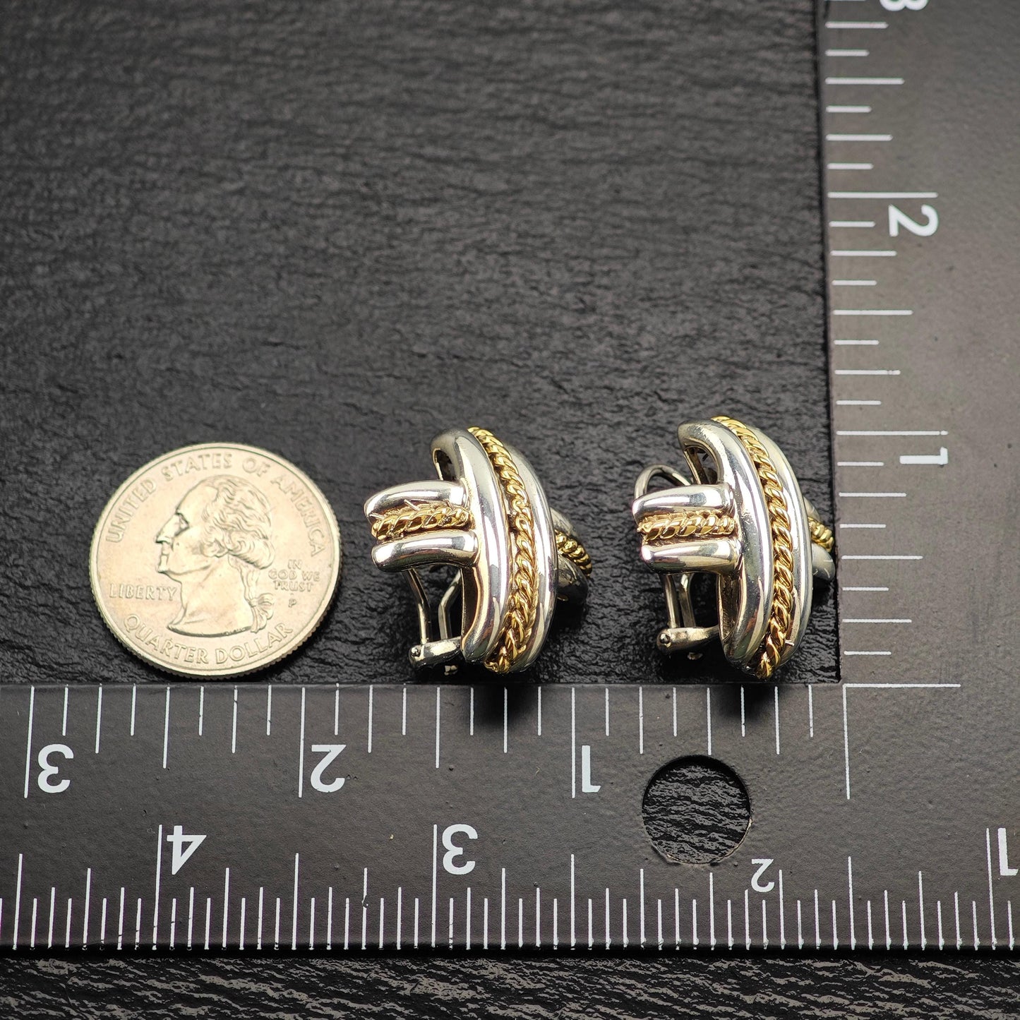 Tiffany Gold Cross, X 18k Gold Accent, Two Tone Omega Back Earrings Sterling Silver