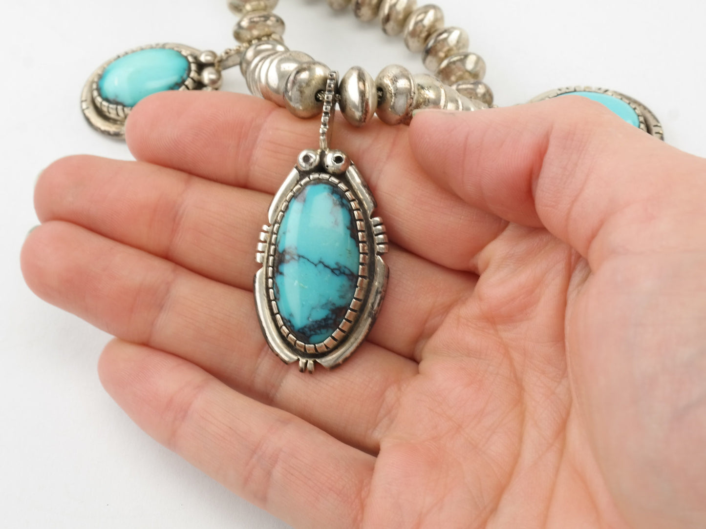 Vintage Tim Guerro Sterling Silver necklace Blue Triple Turquoise stones Hogan Beads