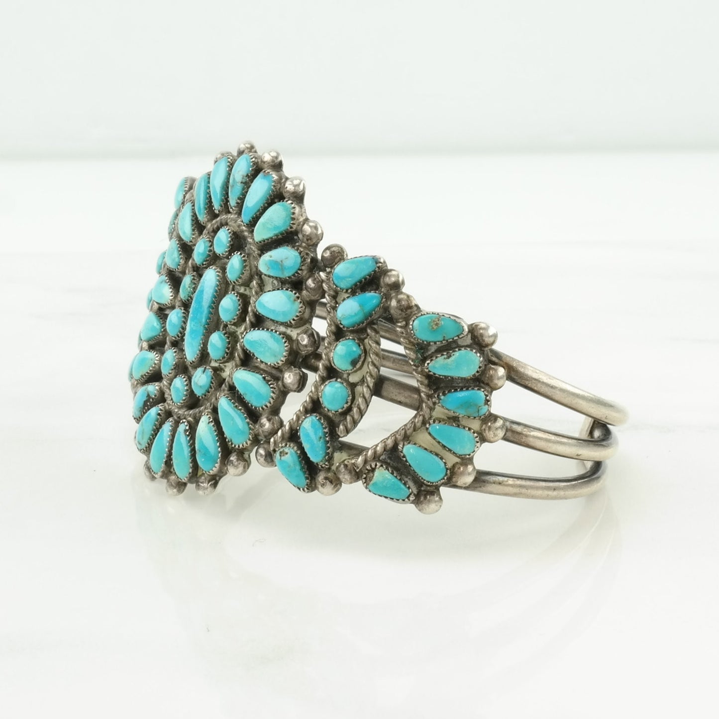 Vintage Native American Sterling Silver Cuff Bracelet Blue Turquoise, Petit Point Floral
