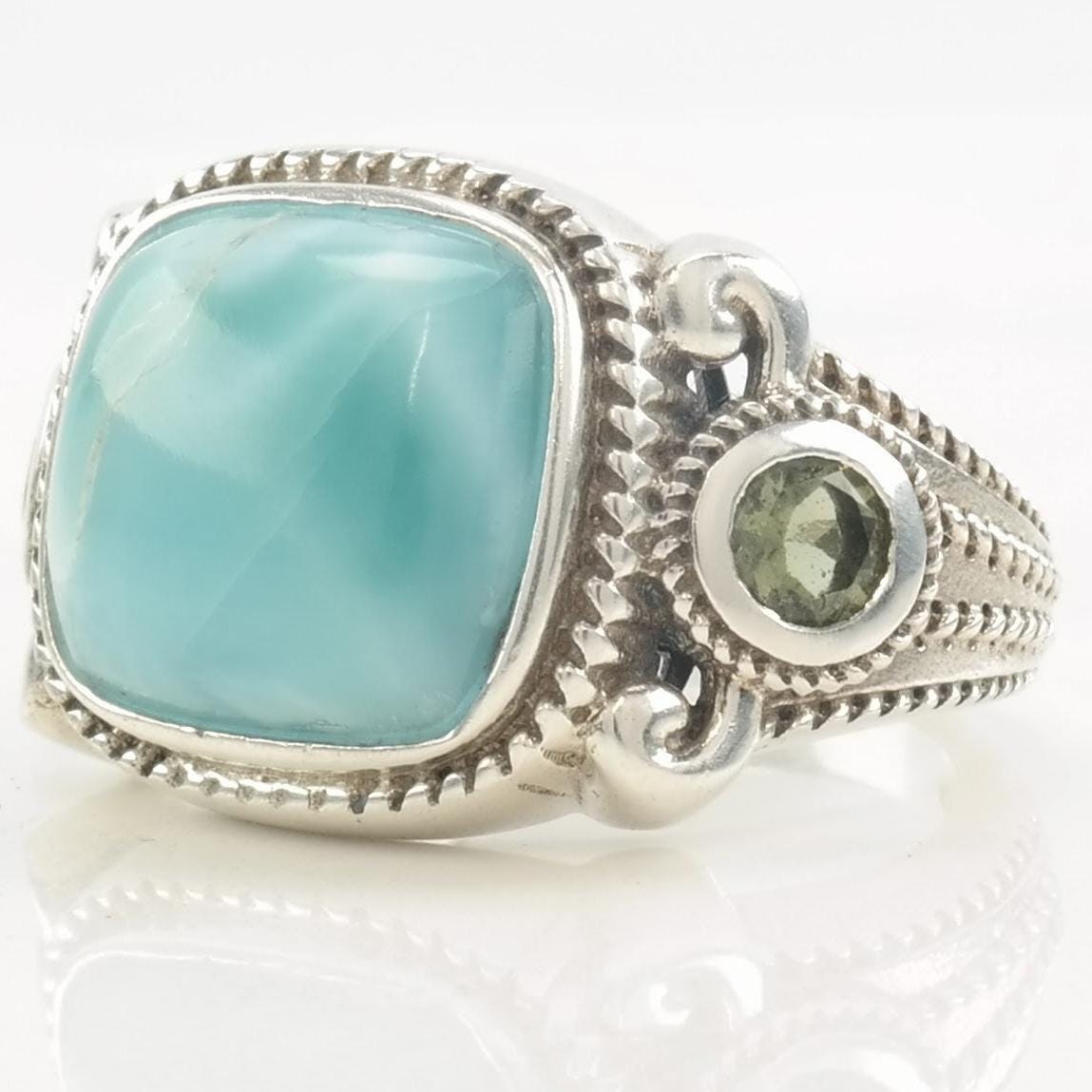 Vintage Designer Ring Larimar, Peridot Sterling Silver Size 6 3/4