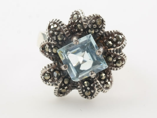 Vintage Sterling Silver Ring Topaz Marcasite Blue Size 6
