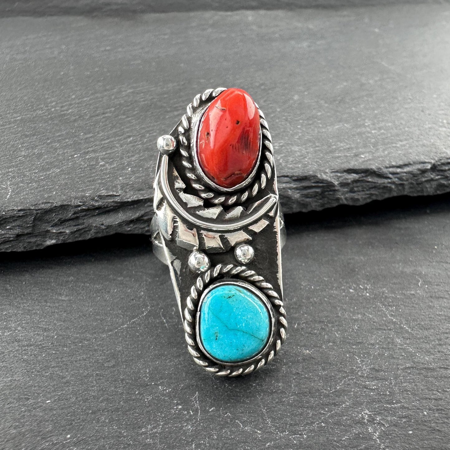 Southwest Coral, Turquoise Ring Sterling Silver