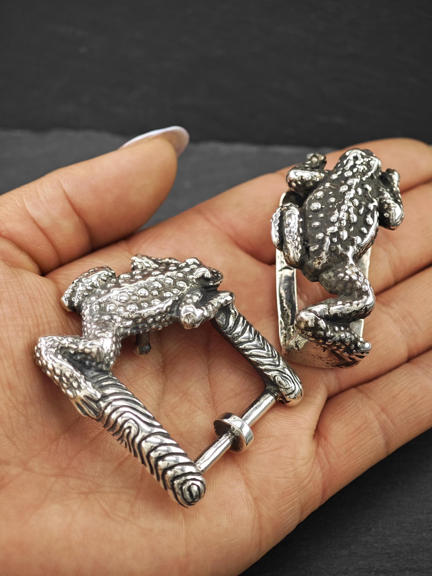 Vintage Oxidized Frog Buckle Set Sterling Silver