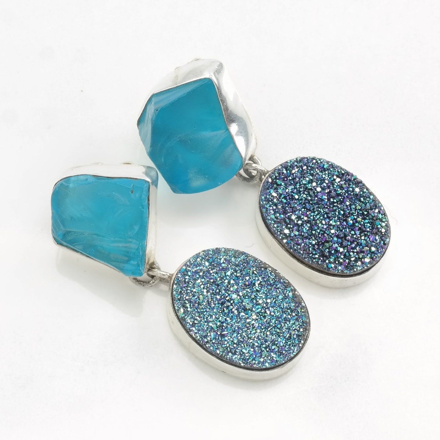 Sterling Silver Blue Stone, Druzy 14k Gold Post Earrings Stud, Dangle