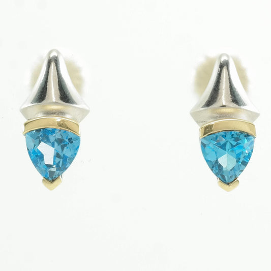 Vintage Sterling Silver Blue Topaz 18K Gold Accent Earrings Stud