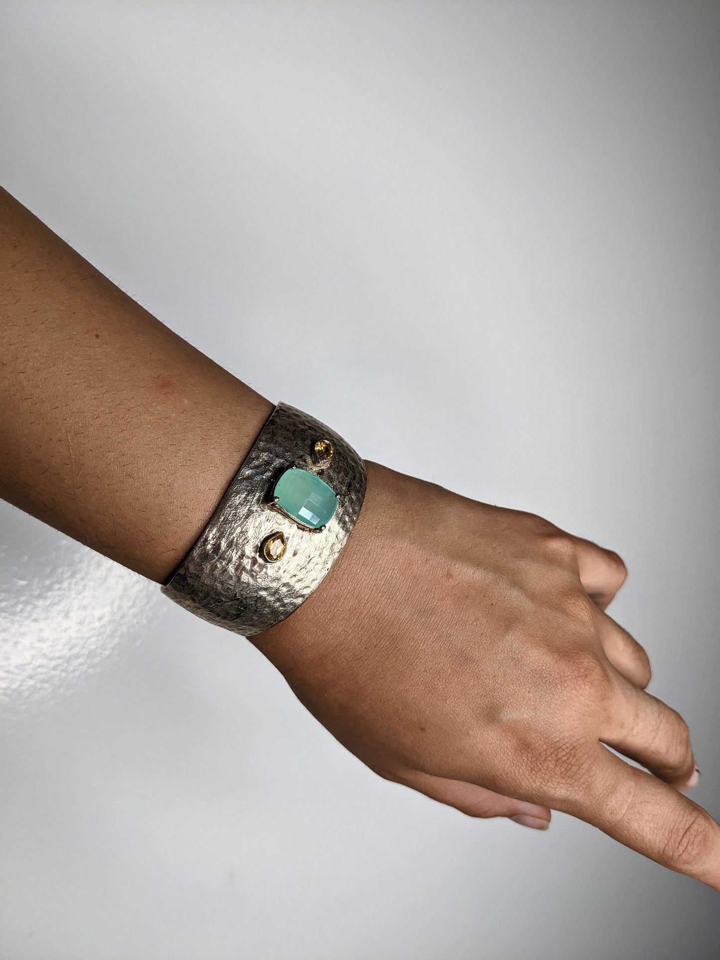 Vintage Hammered Sterling Silver Cuff with Citrine and Chalcedony
