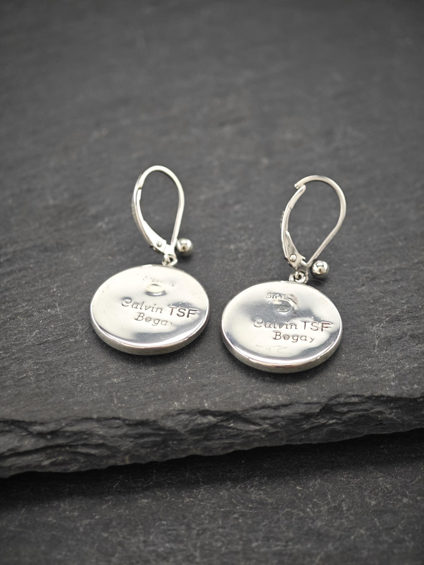 Calvin Begay, TSF, Native American Inlay Lever Back Earrings Sterling Silver
