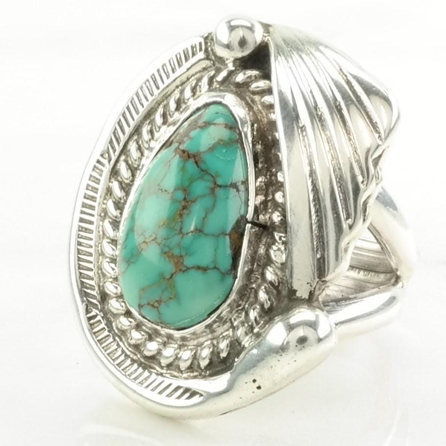 Vintage Native American Silver Ring Spiderweb Turquoise Large Sterling Blue Size 6 3/4