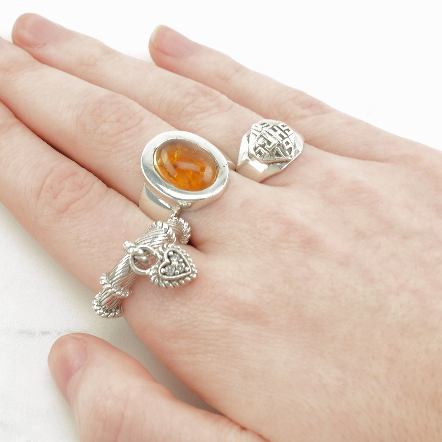 Vintage Sterling Silver Ring Baltic Amber Wide Band Orange Size 7 1/2
