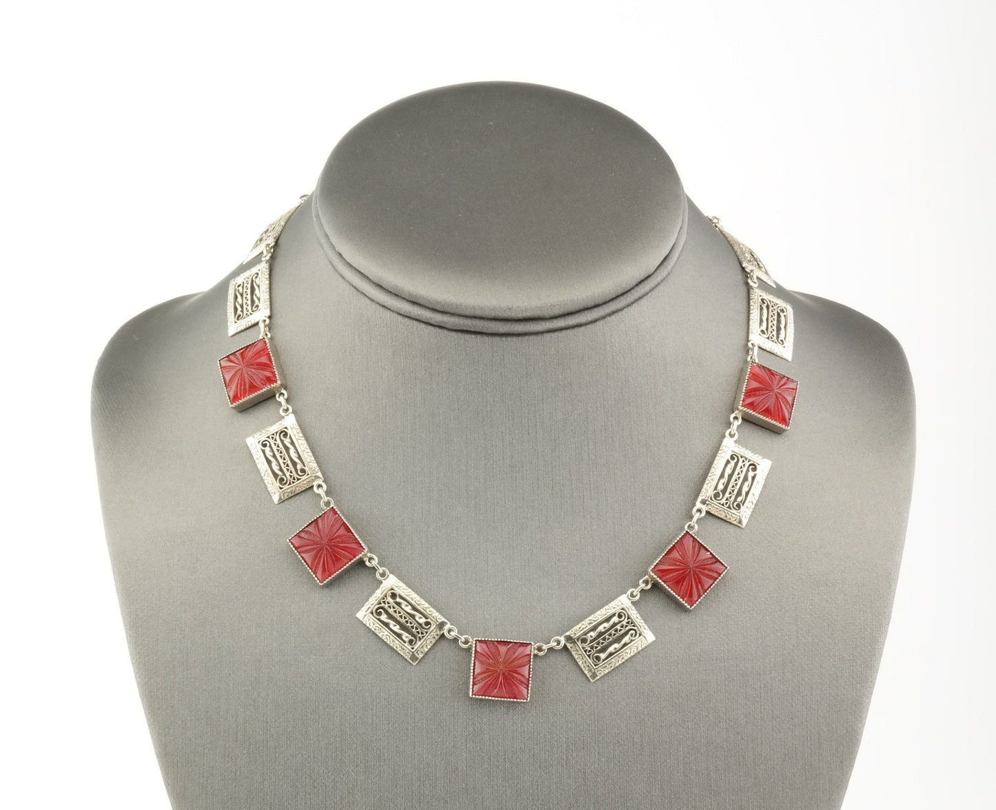 Vintage Modernist Sterling Silver Carved Glass Filigree Necklace