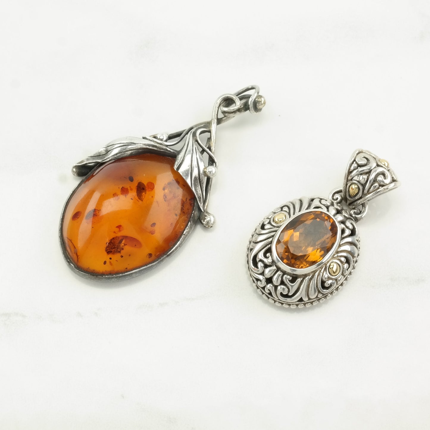 Vintage Baltic Amber, Citrine 18K Gold Accent Sterling Silver Pendant