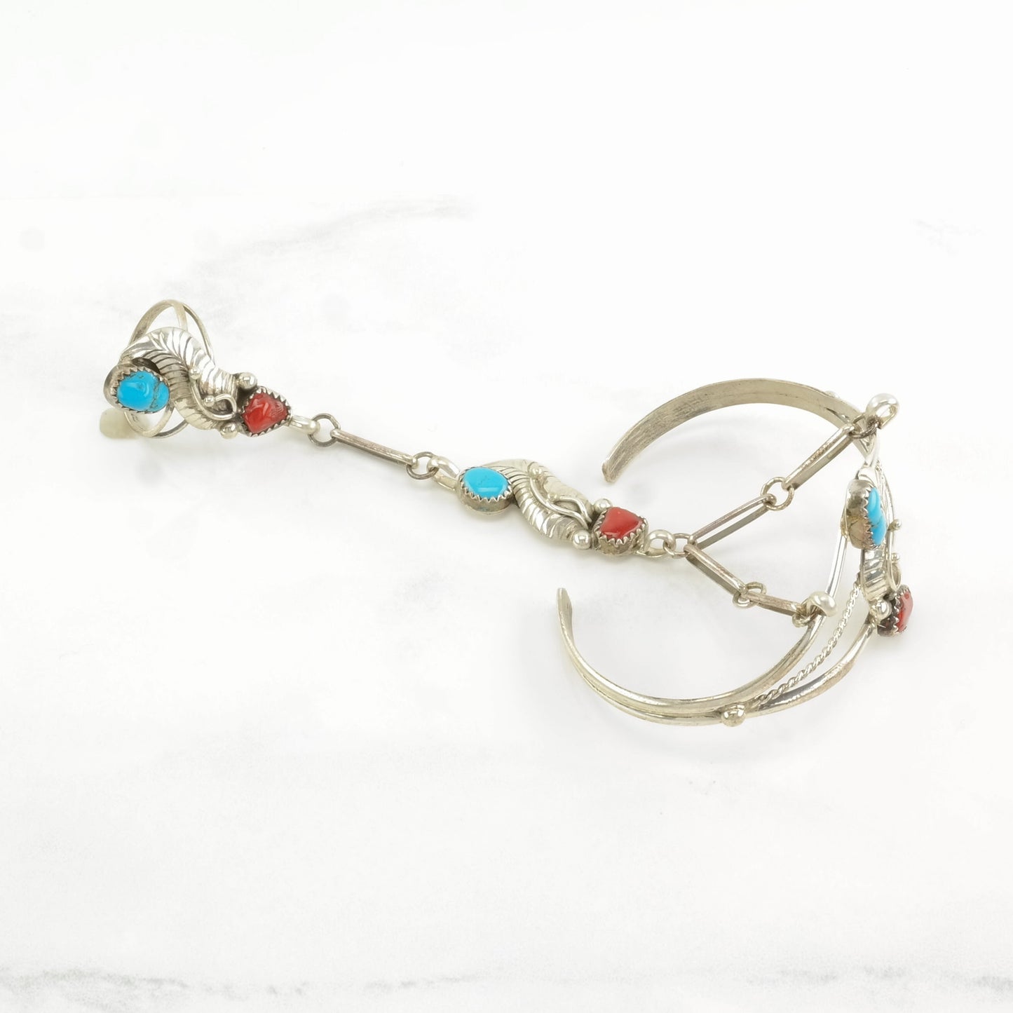 Native American Sterling Silver Cuff Bracelet with Ring, Turquoise & Coral, Southwestern Jewelry, Size 6 Wrist