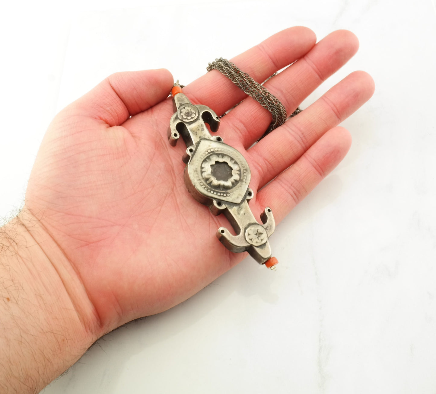 Vintage Ethnographic Sterling Silver Yamod Turkomans Coral Accent Plaque Pendant Necklace