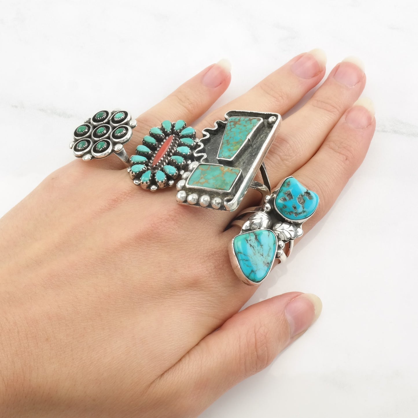 Vintage Native American Ring Two Stone Turquoise, Feather, Leaf Sterling Silver Size 7