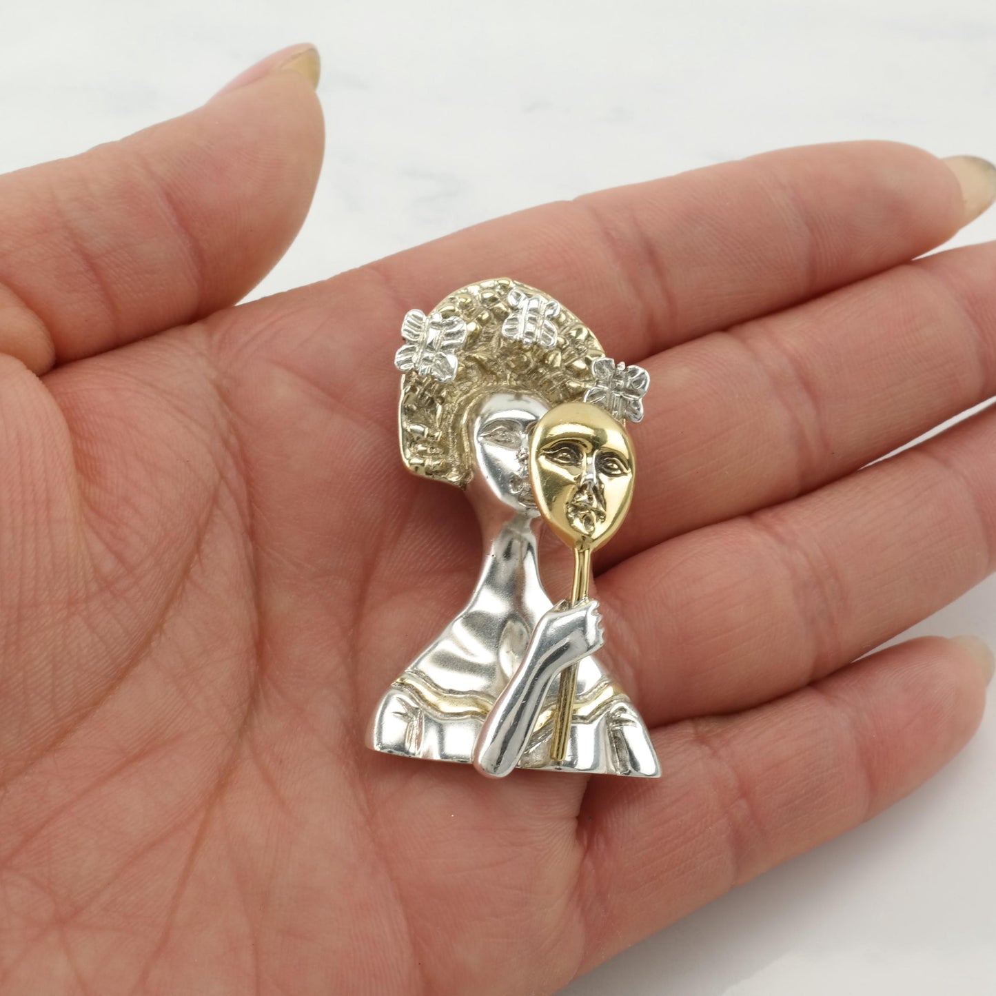 Sergio Bustamante Brooch Sterling Silver Female Mask Silver Gold Tone Madame Butterfly