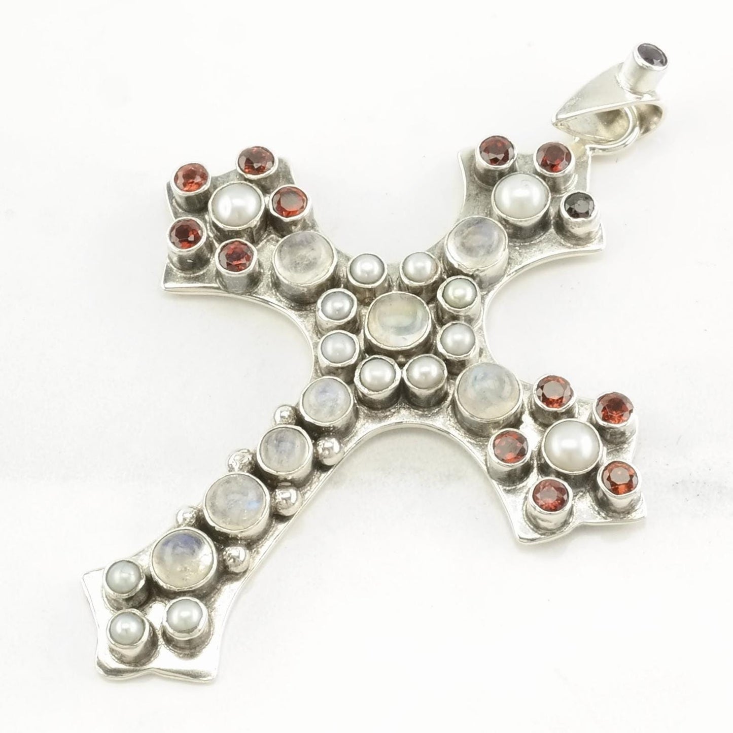 Vintage Nicky Butler Moonstone, Pearl, Garnet Cross Sterling Silver Pendant
