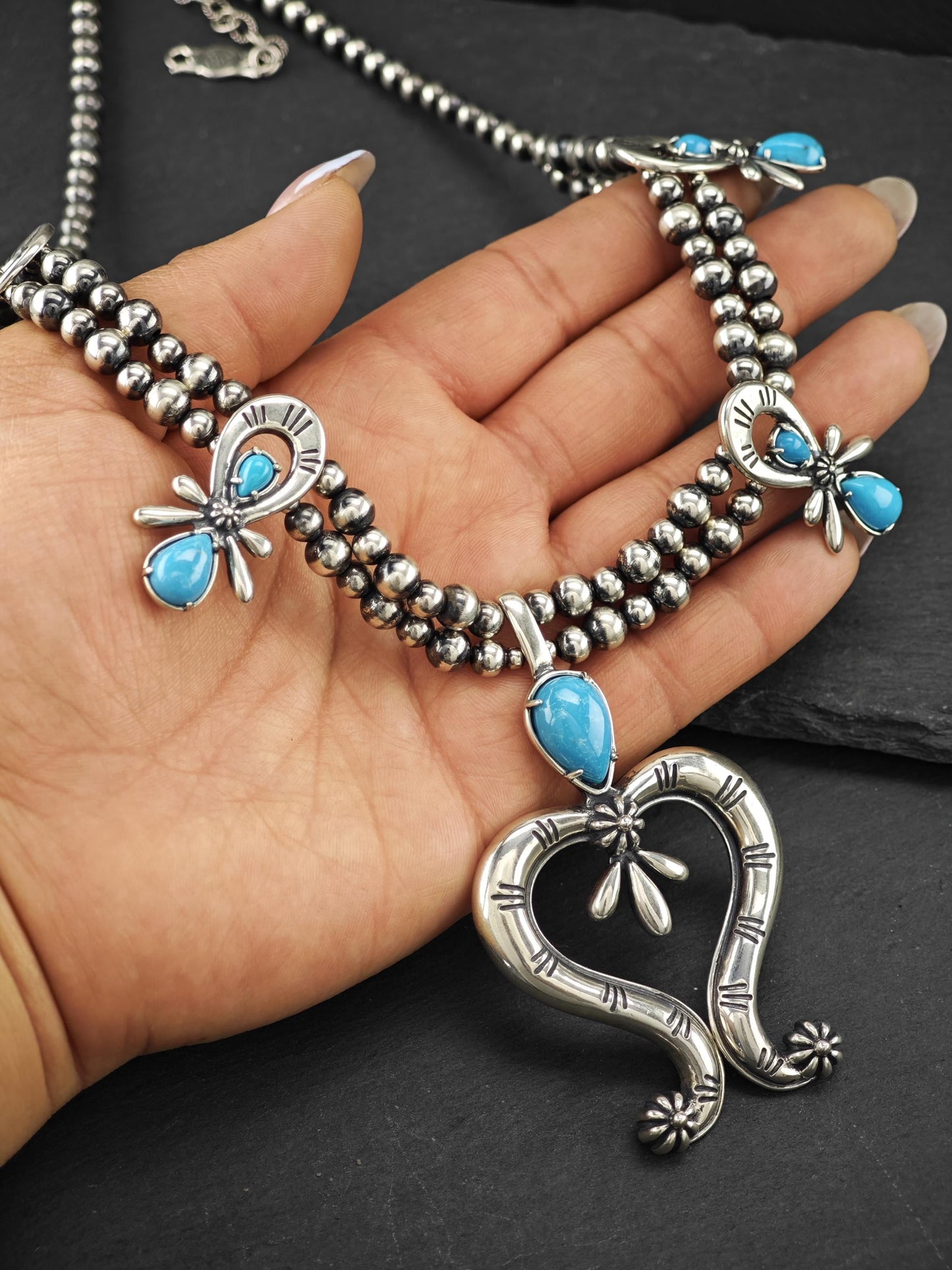 American West, Carolyn Pollack, Floral Squash Blossom Necklace Sterling Silver