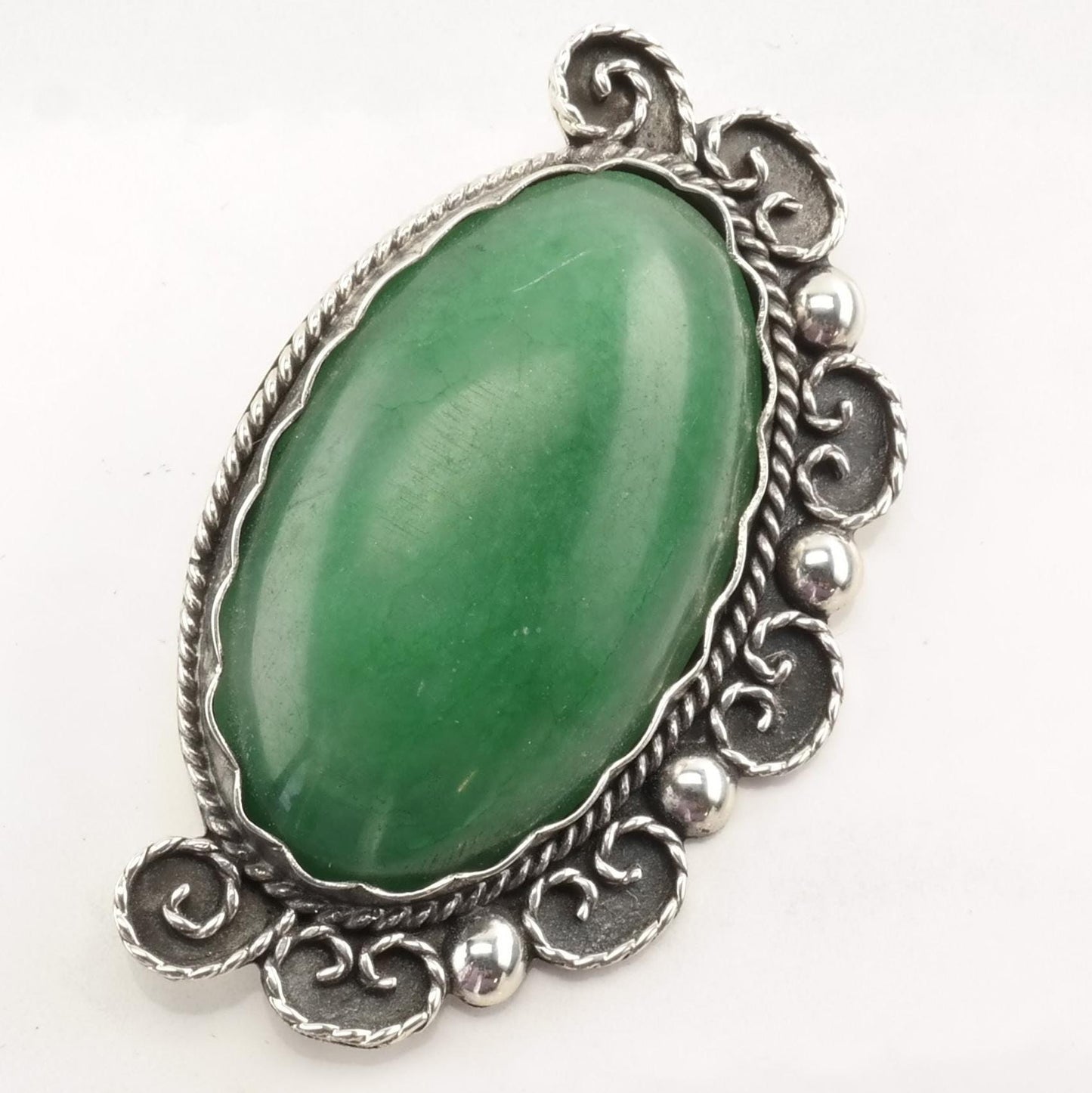 Taxco Sterling Silver Brooch Large Oval Guatemalan Jade
