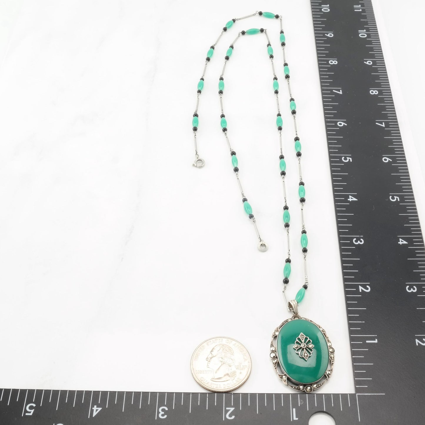 Art Deco Chrysoprase, Onyx, Marcasite Sterling Silver Necklace N2375