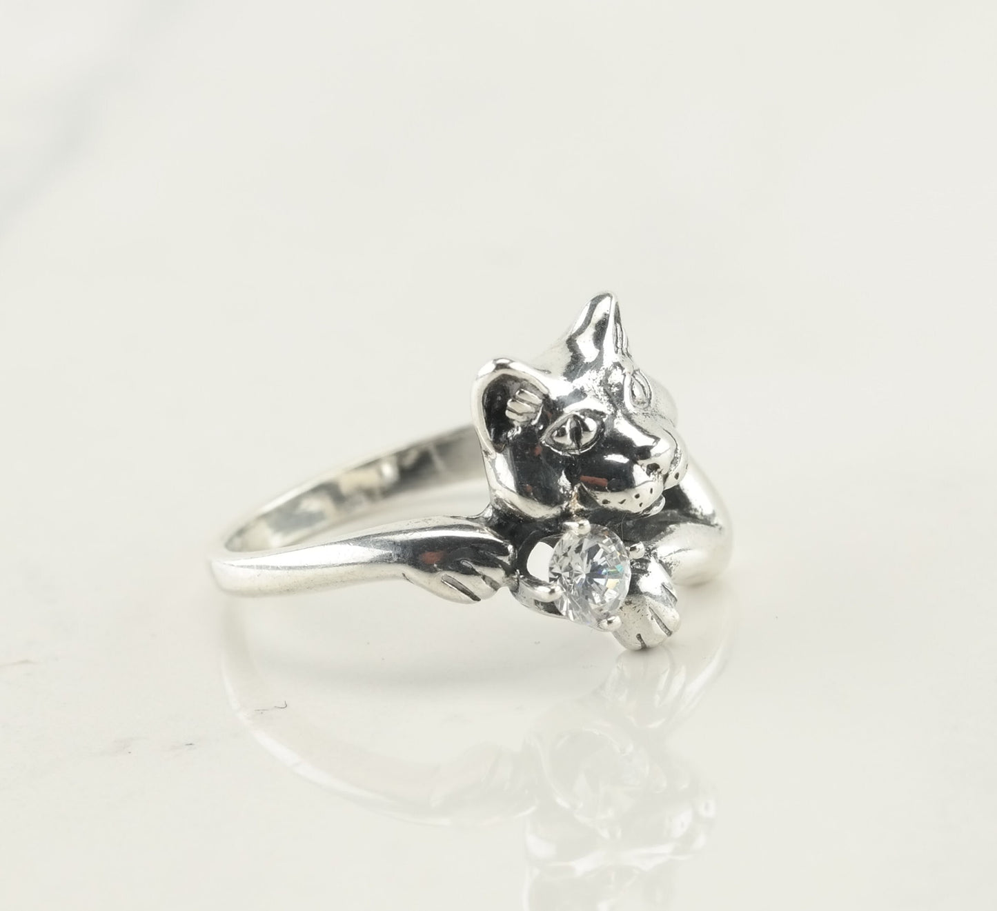 Vintage Sterling Silver Cubic Zirconia Cat Ring Size 6