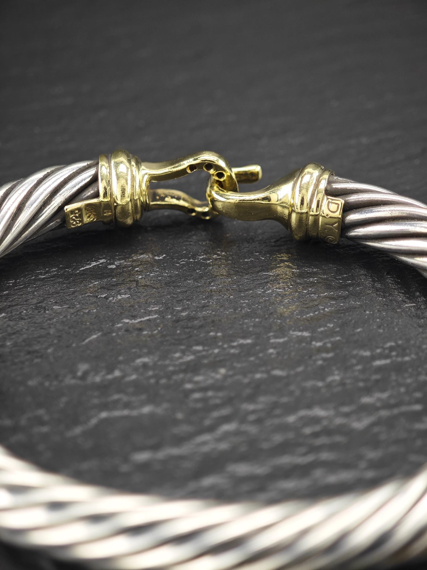 David Yurman 7mm 14K Gold, Diamond, Buckle Bangle Bracelet Sterling Silver