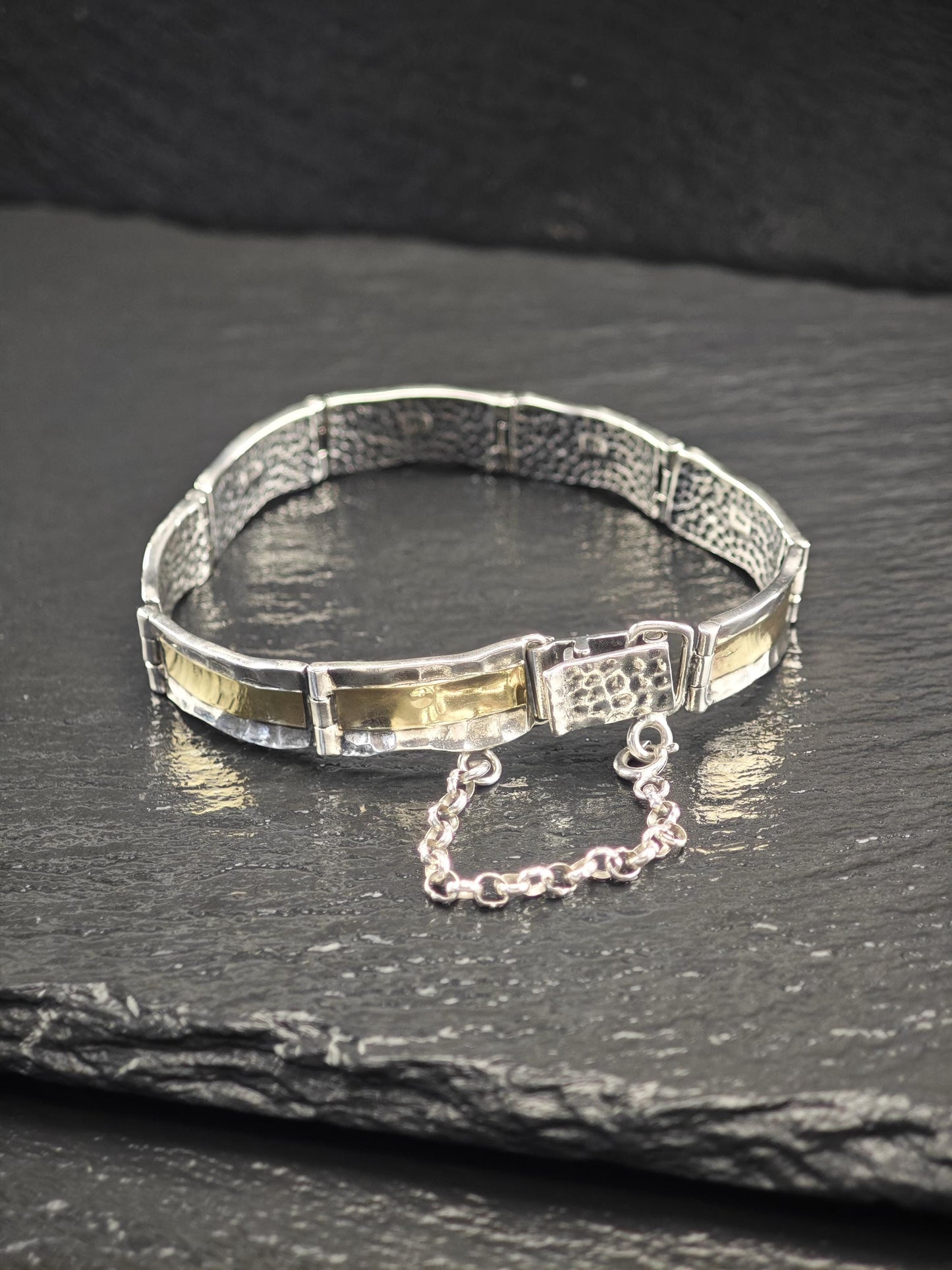 Vintage Two Tone Hammered Bracelet 14k Gold Sterling Silver