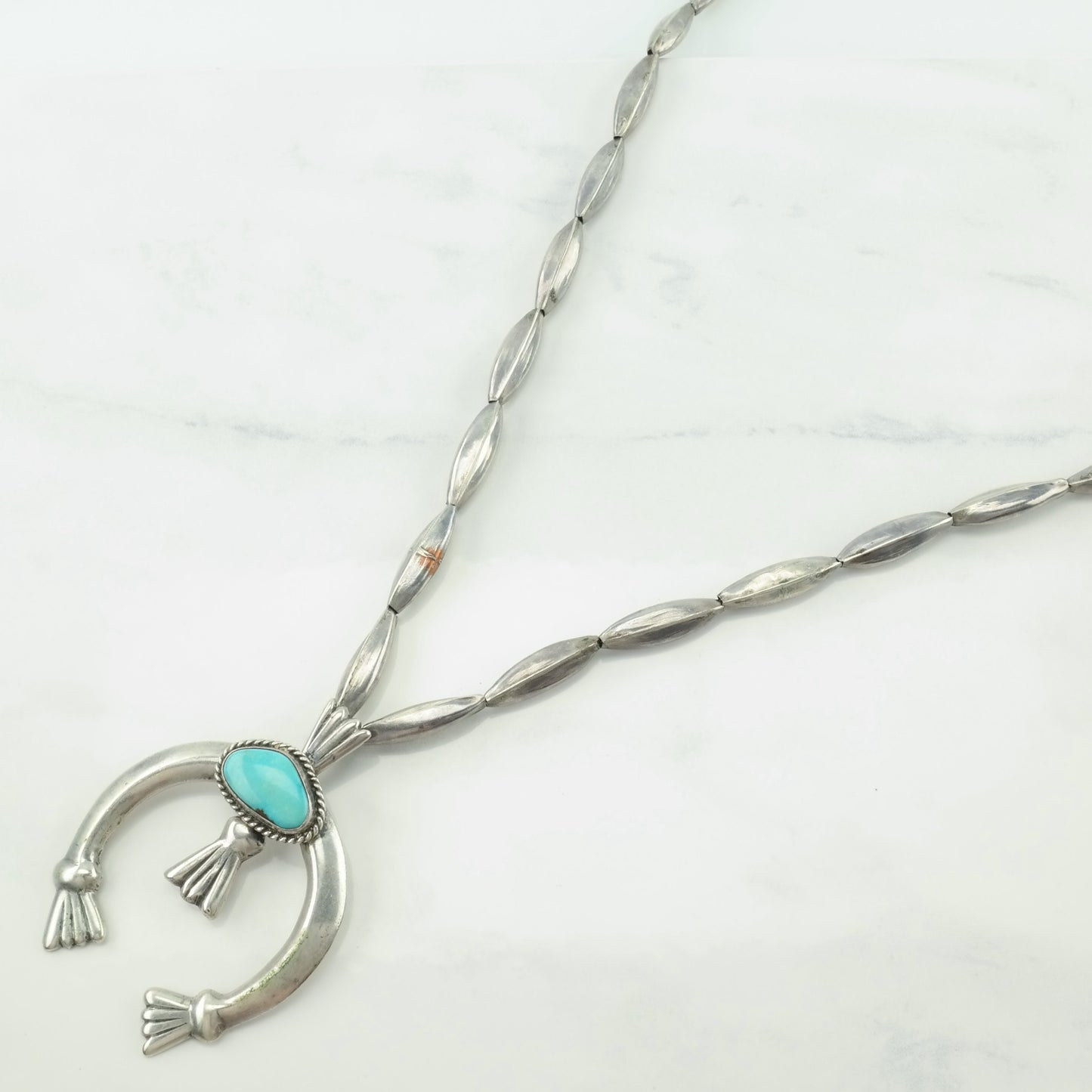 Vintage Native American Sterling Silver Blue Turquoise Sandcast, Naja Necklace