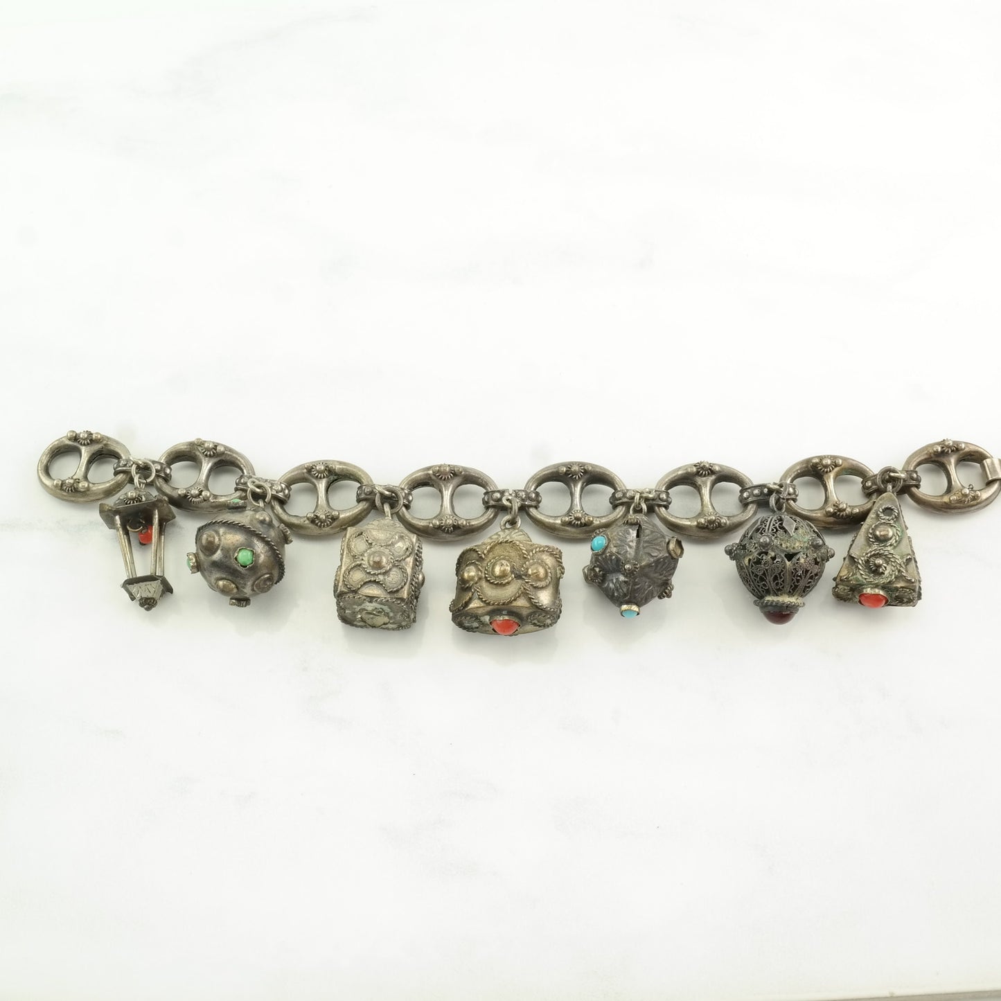 Etruscan Revival Sterling Silver Charm Bracelet Faux Turquoise, Coral, Carnelian
