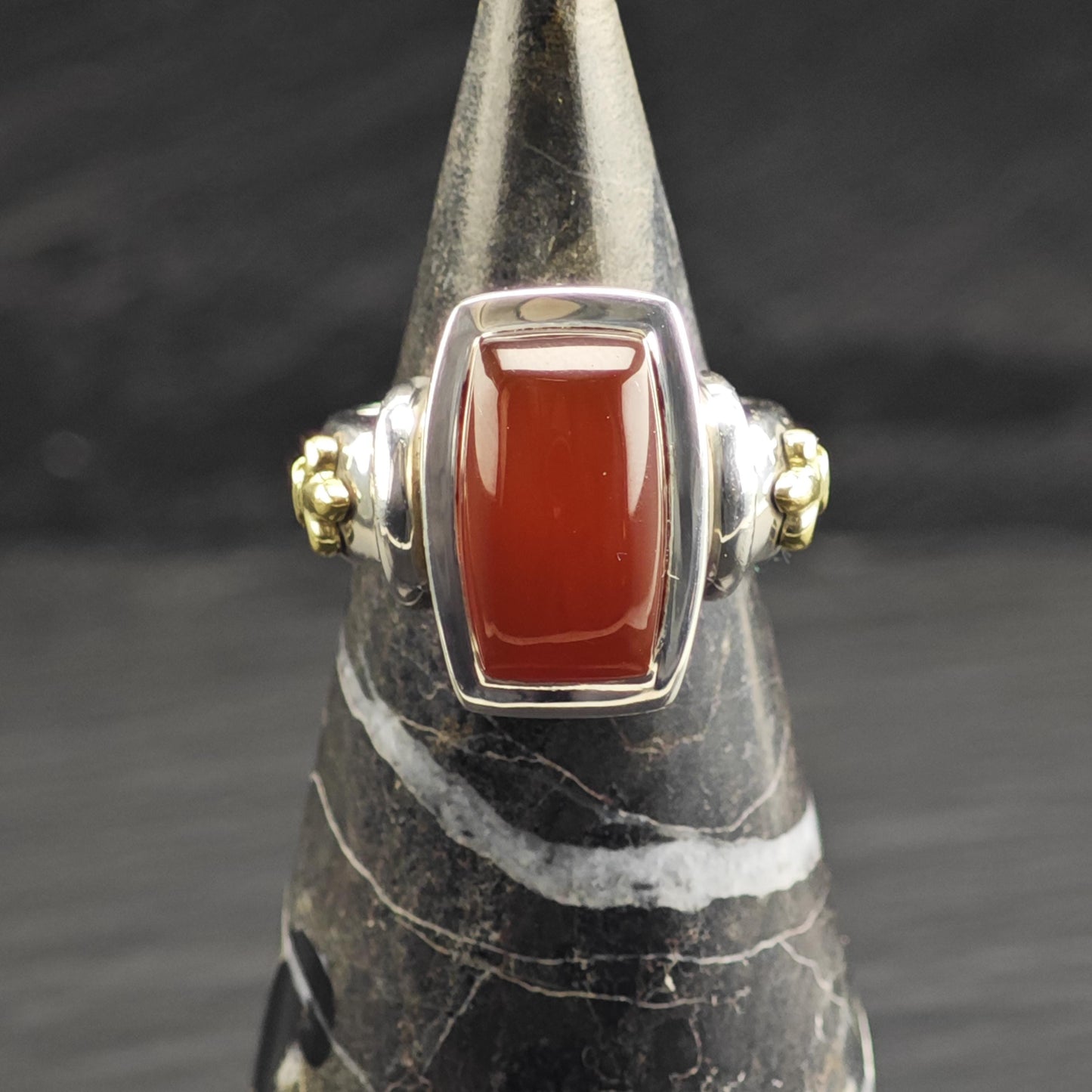 Ann King 18K Gold Carnelian Fleur-de-lis Sterling Silver Ring Sz 7 R6694
