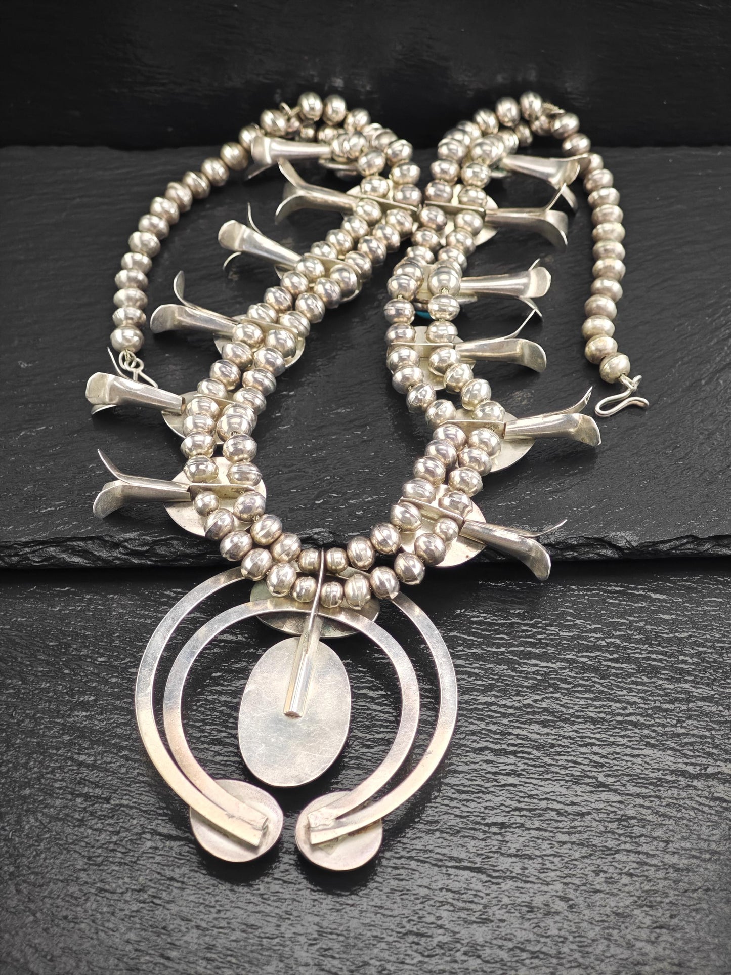 Native American Blue Smokey Bisbee, Large Squash Blossom Necklace Sterling Silver