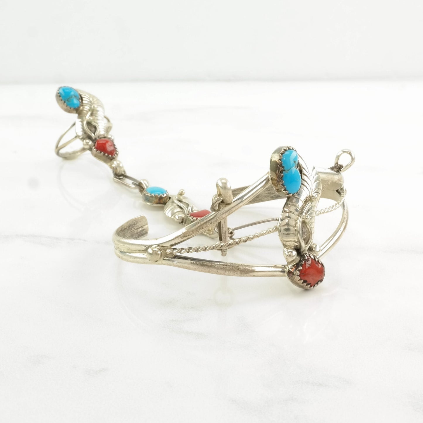 Native American Sterling Silver Cuff Bracelet with Ring, Turquoise & Coral, Southwestern Jewelry, Size 6 Wrist