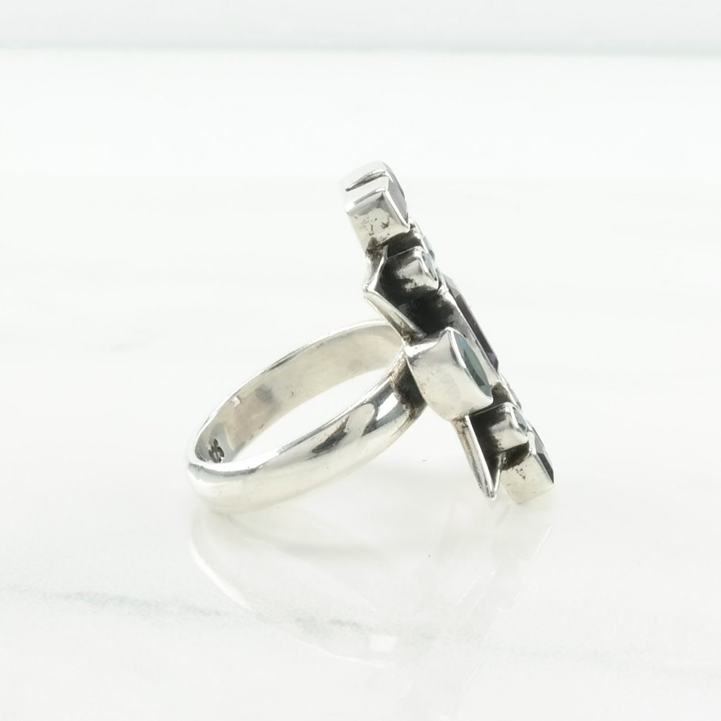 Vintage Nicky Butler Silver Ring Amethyst, Topaz Cluster, Geometric Sterling Blue, Purple Size 7