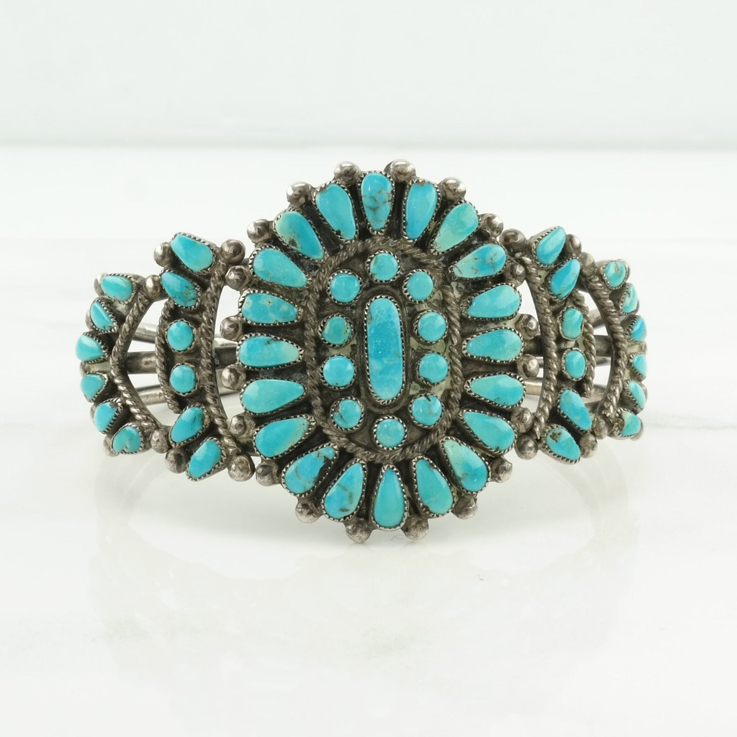 Vintage Native American Sterling Silver Cuff Bracelet Blue Turquoise, Petit Point Floral
