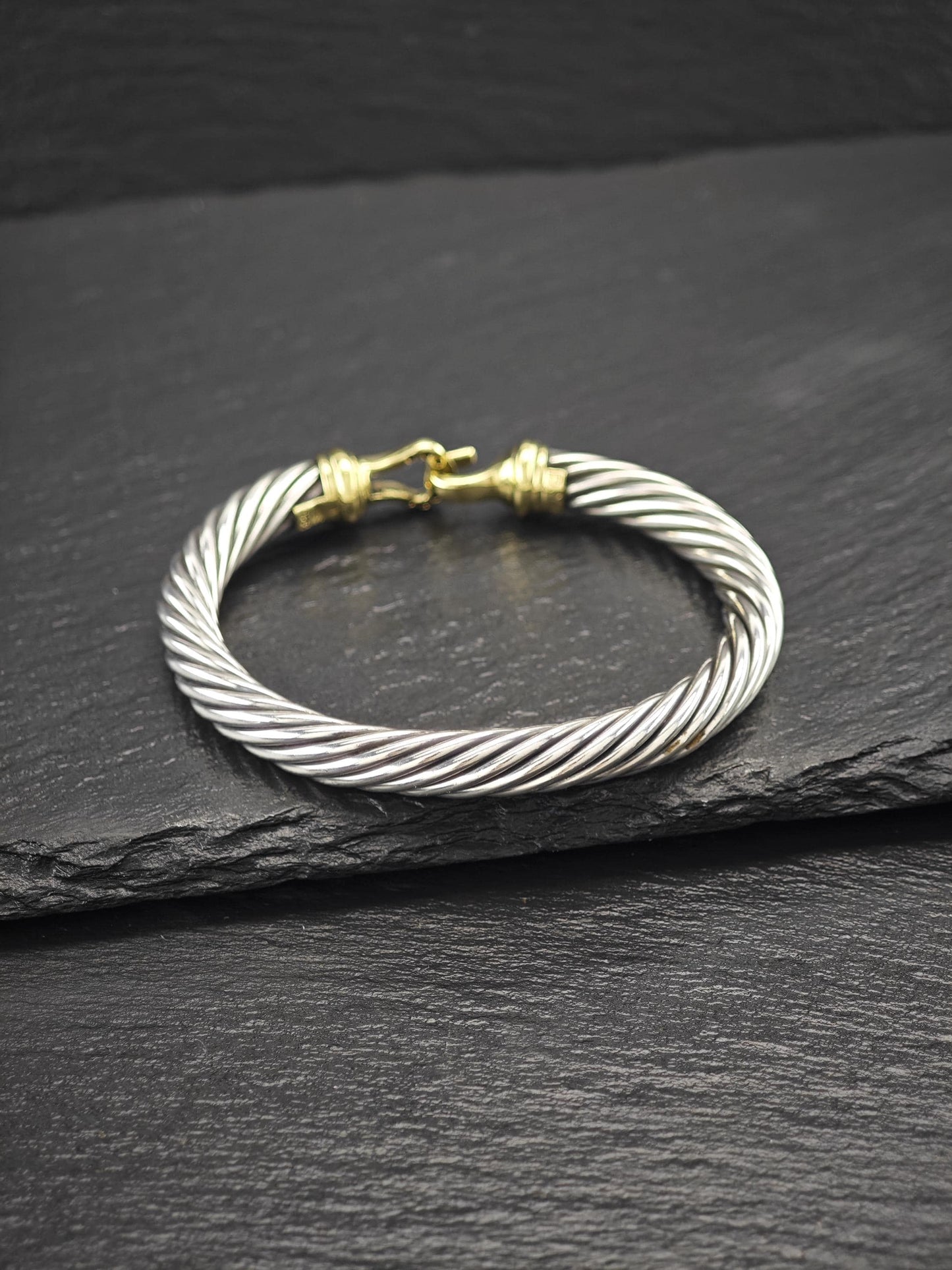 David Yurman 7mm 14K Gold, Diamond, Buckle Bangle Bracelet Sterling Silver