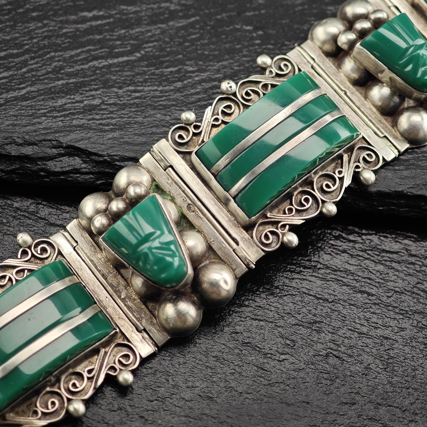 AS IS Vintage Mexican Green Onyx Link Bracelet Sterling Silver