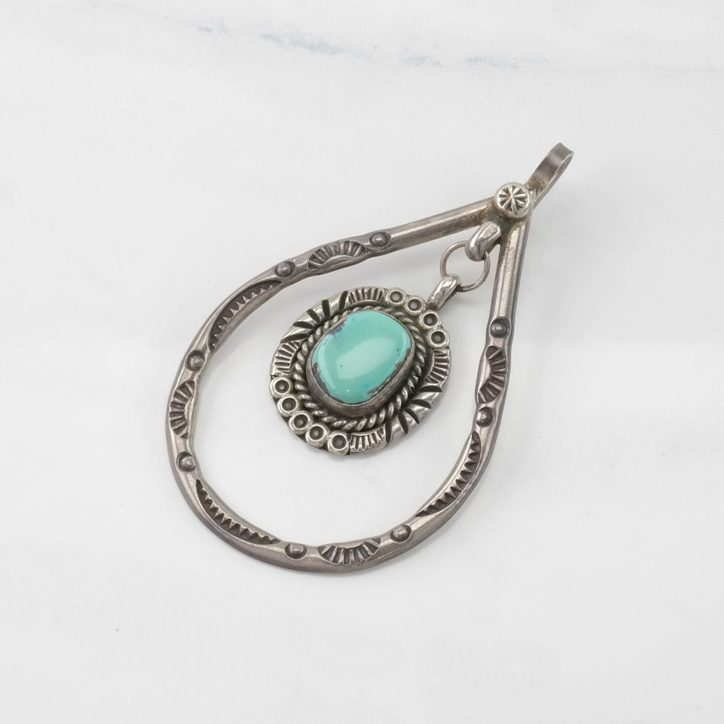 Vintage Native American Turquoise Hanging Stone Sterling Silver Pendant