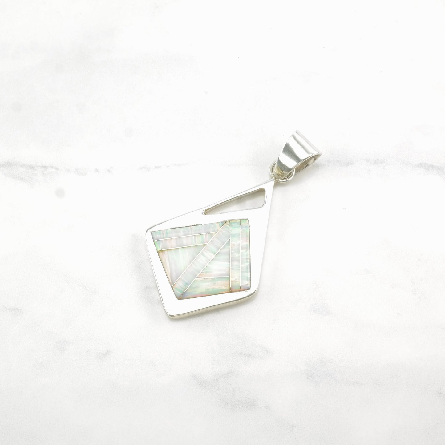 Vintage Lab Opal, Inlay Modernist Sterling Silver Pendant