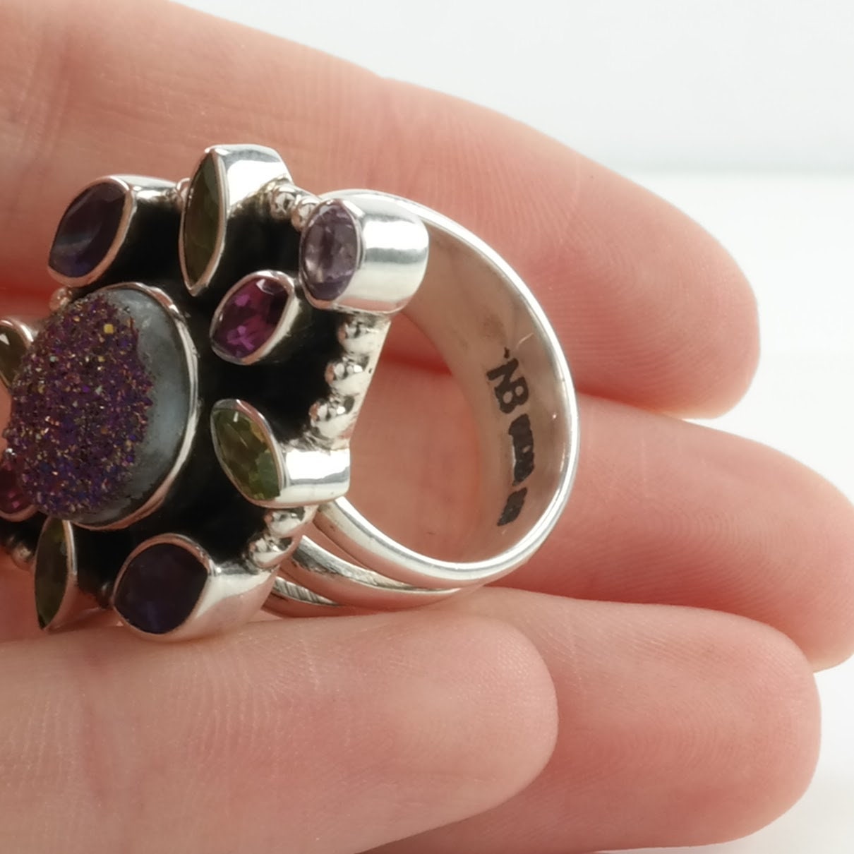 Vintage Nicky Butler Silver Ring Quartz, Amethyst, Peridot Cluster Sterling Size 7 1/4