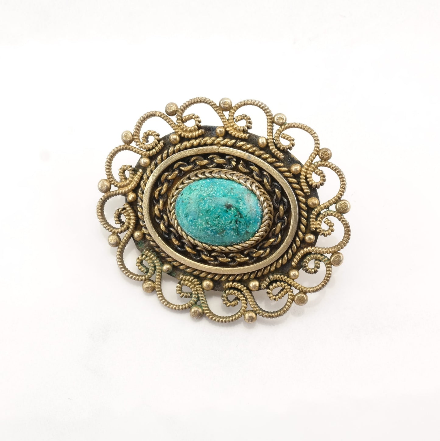 Israel Sterling Silver Brooch Pendant Filigree Gold Filled Cabochon