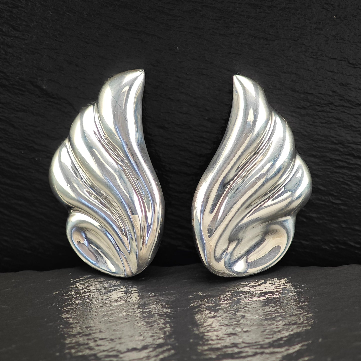 Taxco, Ballesteros Wings Puffy Clip On Earrings Sterling Silver
