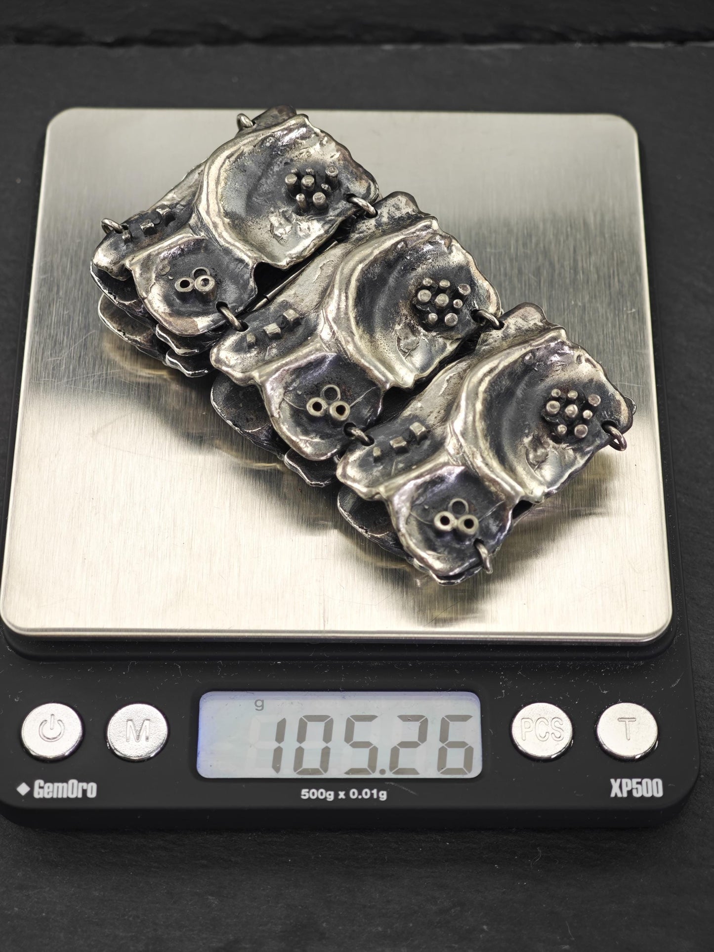 Signed, Brutalist non precious metal, Wide Panel Link Bracelet