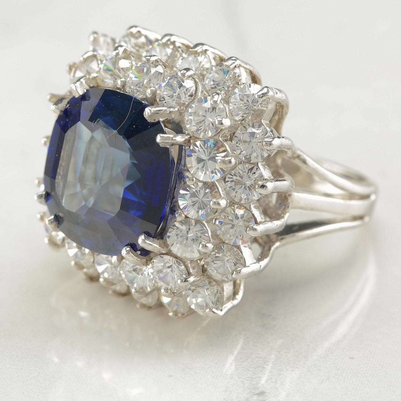 Vintage Cocktail Sterling Silver Ring Size 6.5 Blue Sapphire CZ