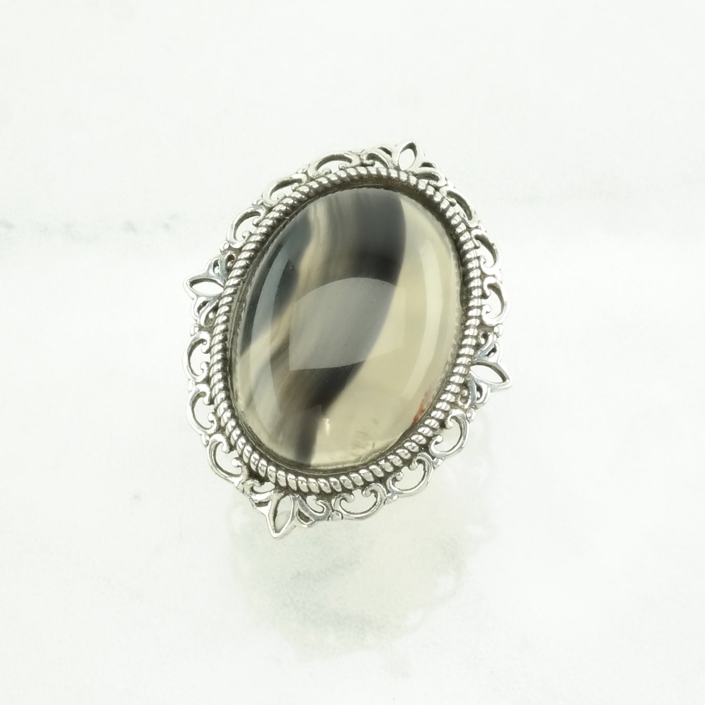 Vintage Sterling Silver Ring Agate Black, White Size 7