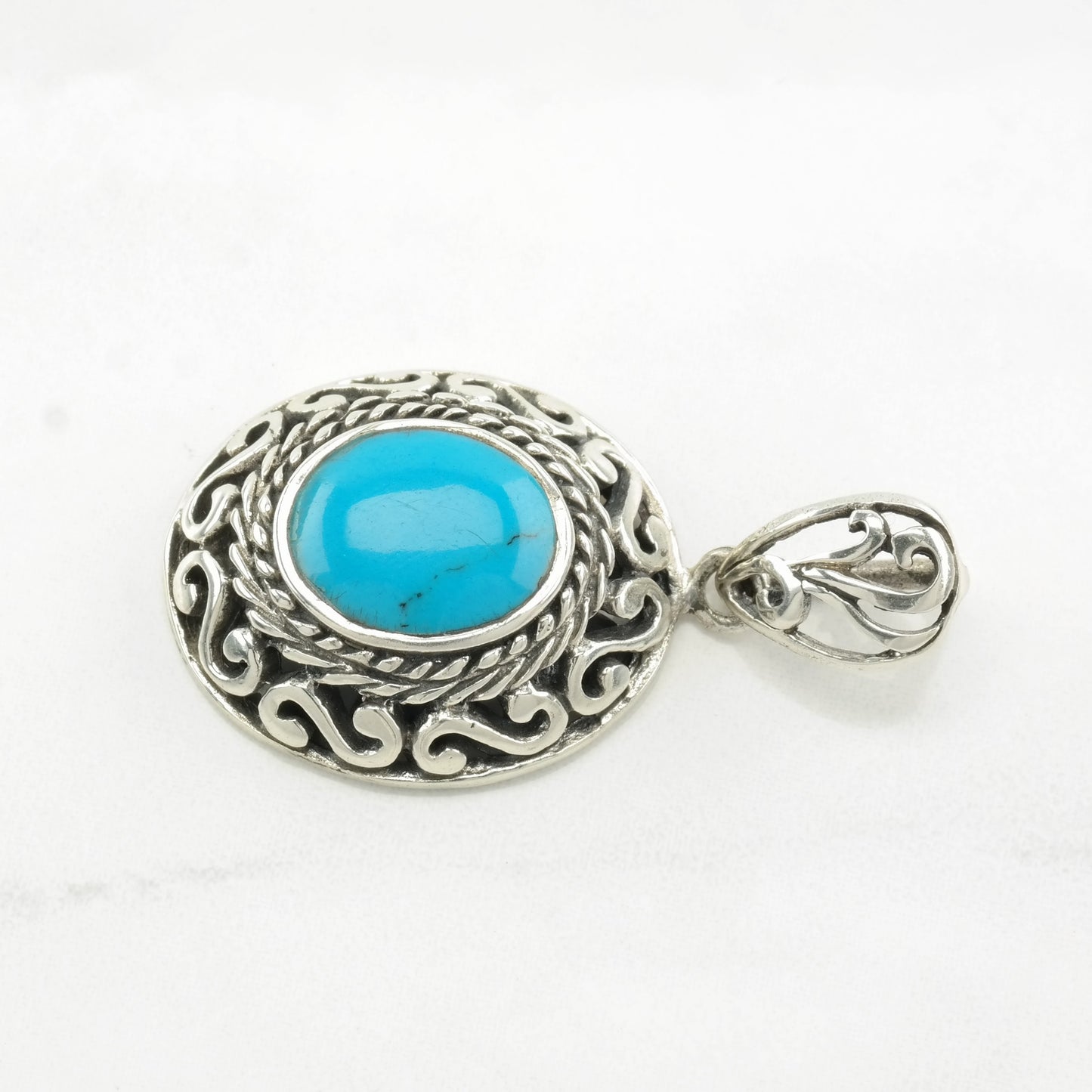 Vintage Southwest Block Turquoise Filigree Sterling Silver Pendant