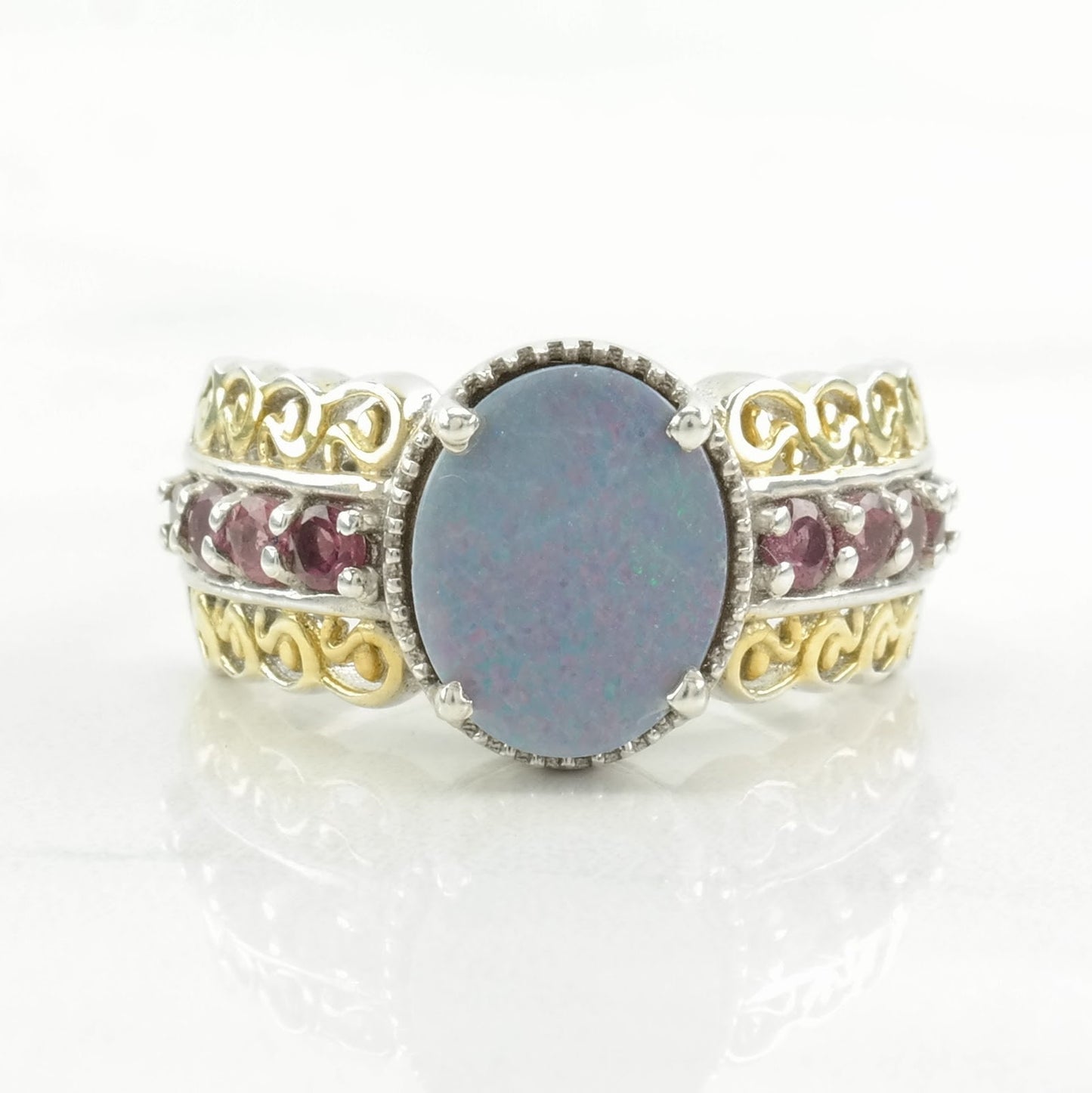 Vintage Sterling Silver Ring Opal Doublet, Pink Garnet Gold Hue Size 6