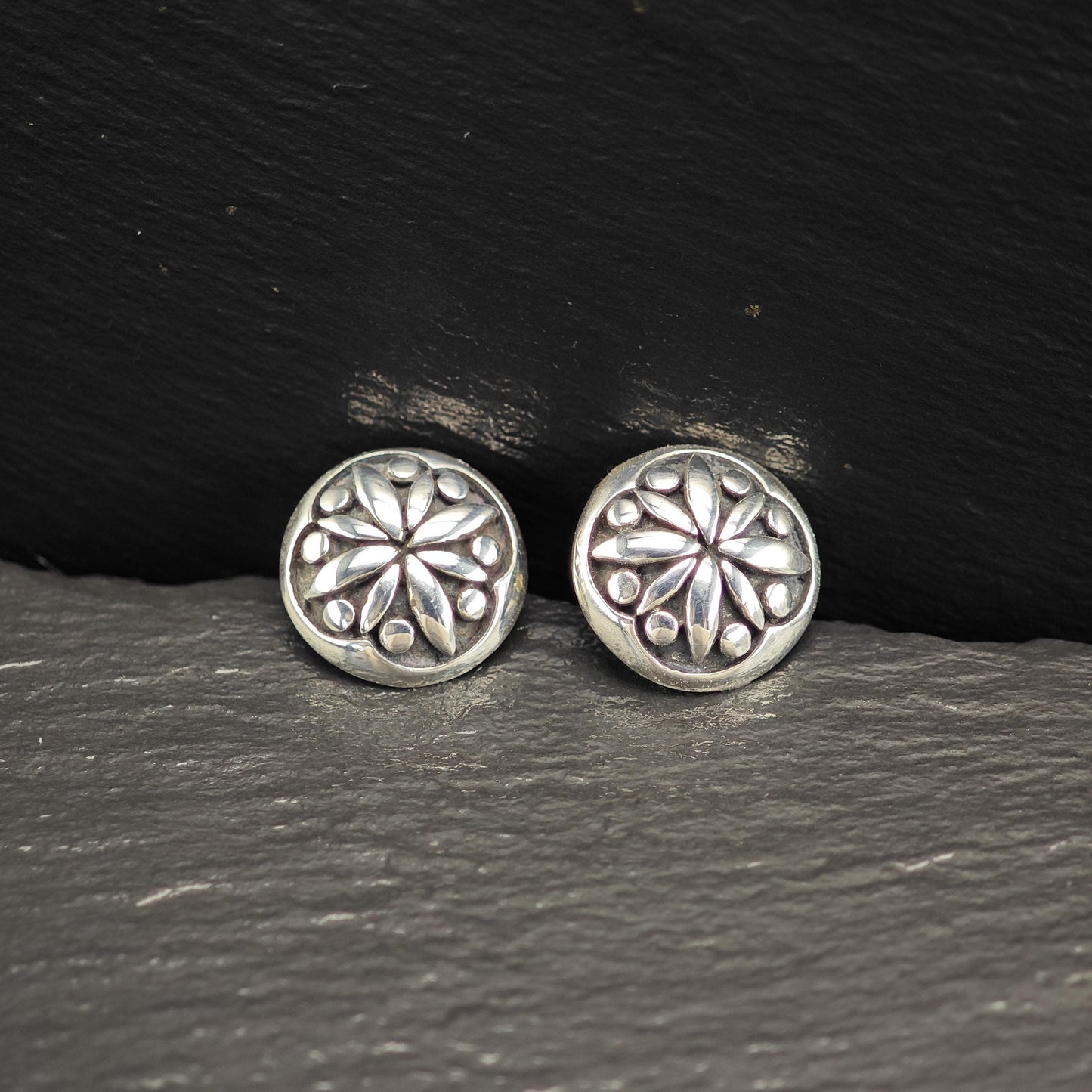 Vintage Overlay Floral Stud Earrings Sterling Silver