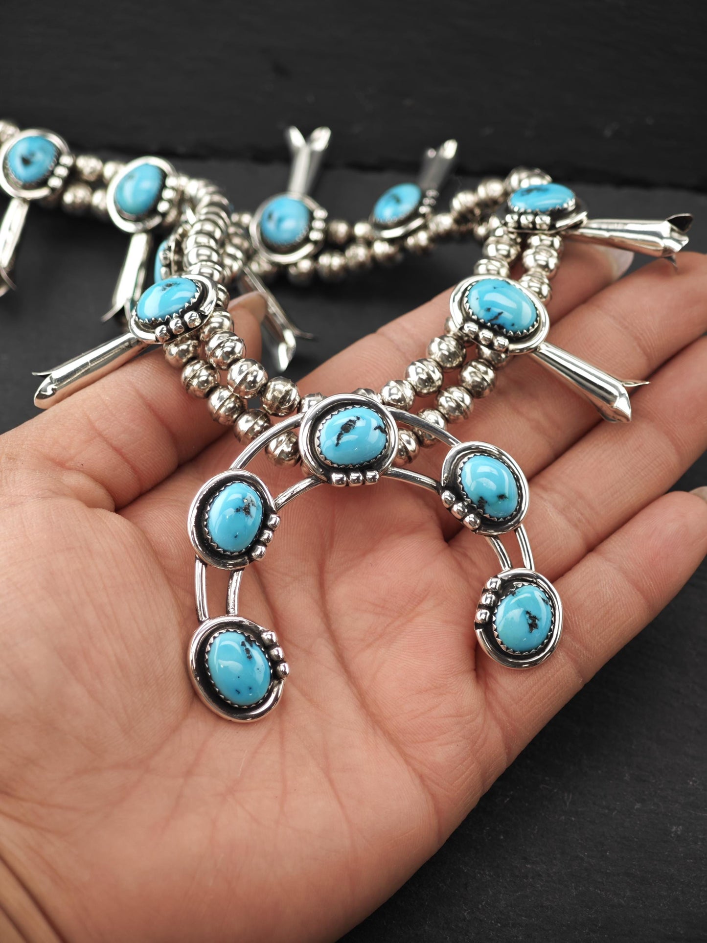 Vintage Native American Sterling Silver, Sleeping Beauty Squash Blossom Necklace