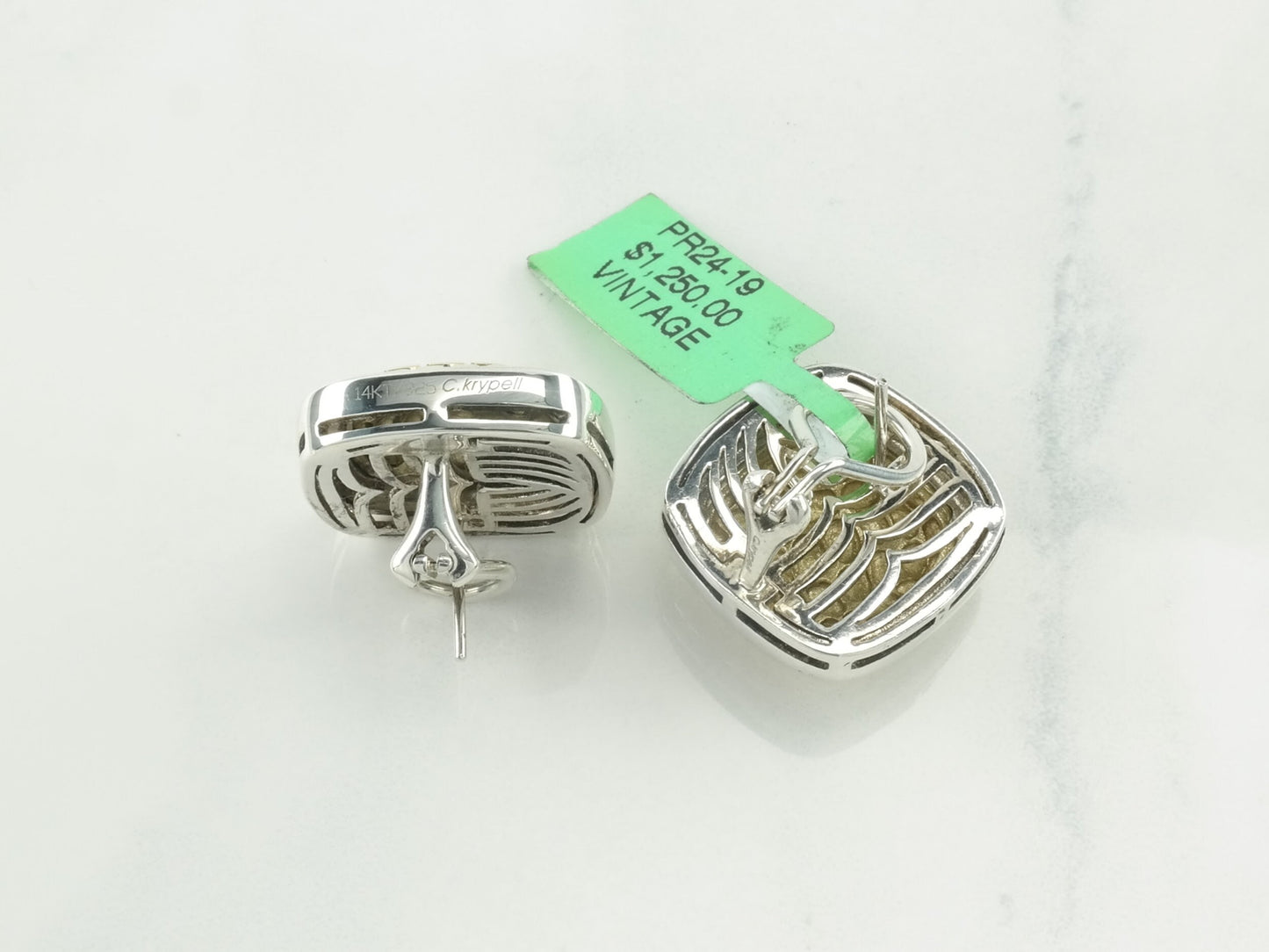 Krypell 14K Gold Sterling Silver Earrings Omega Back Posts Cushion Snakeskin